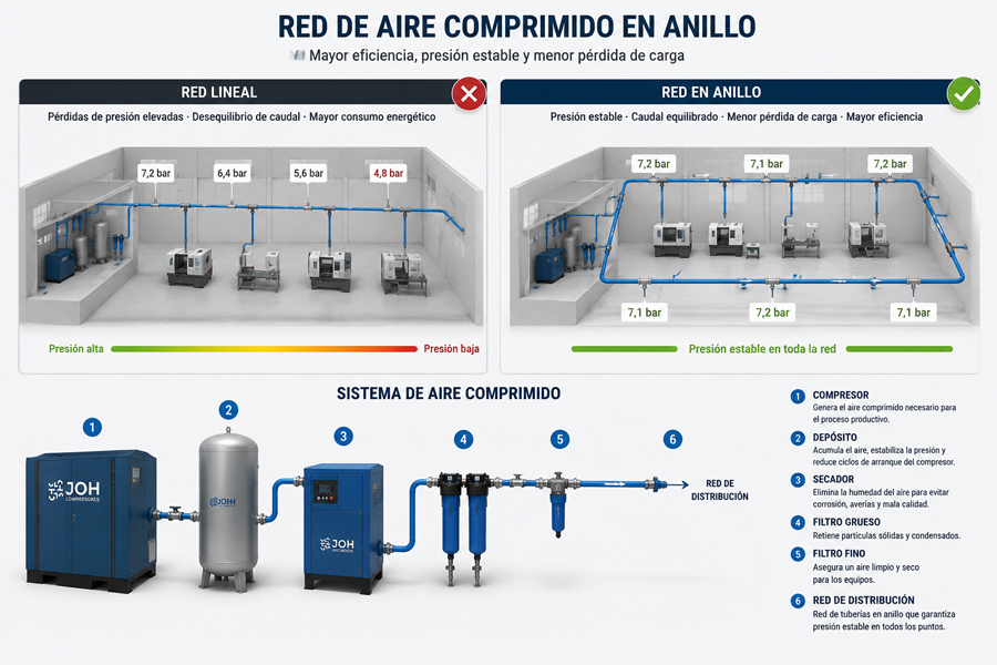 esquema de red de aire comprimido en anillo para nave industrial