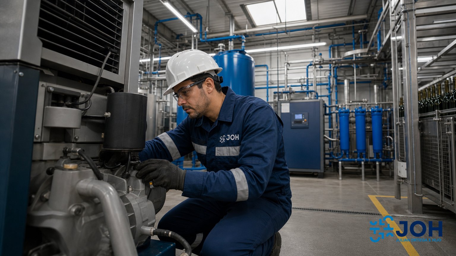 Técnico revisando un compresor de tornillo industrial en sala de máquinas