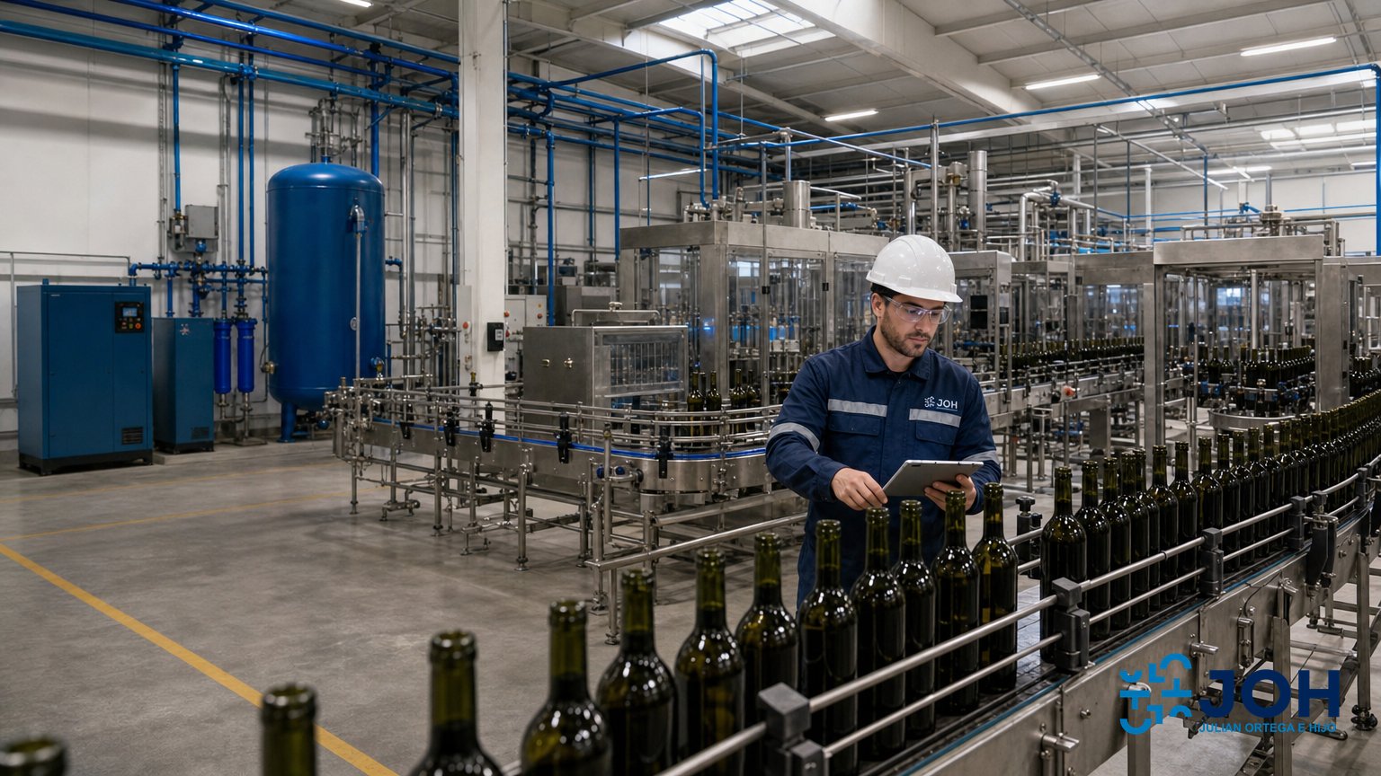 Línea de embotellado industrial en una bodega con botellas de vino en la cinta transportadora