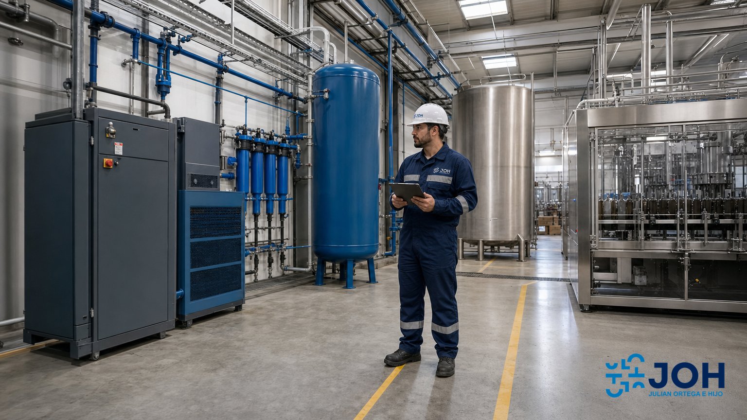 Sala de compresores con secador de aire y filtros de línea en una industria