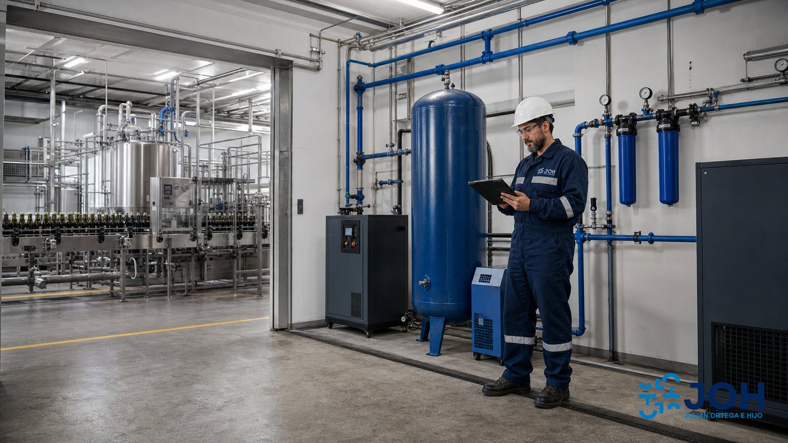 sala de compresores industriales con secador filtros y depósito de aire comprimido