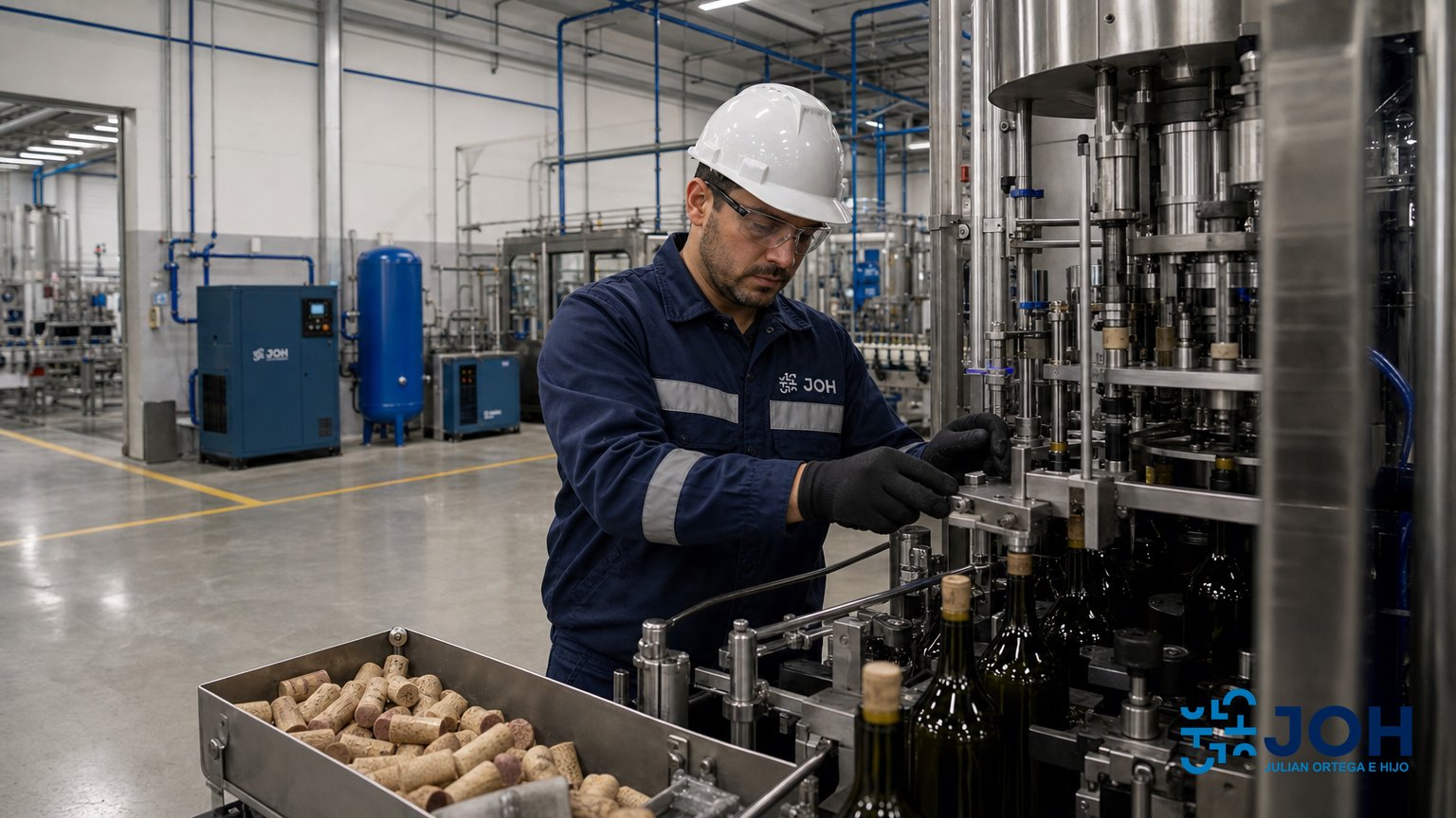 Técnico revisando una taponadora de botellas de vino en una línea de producción