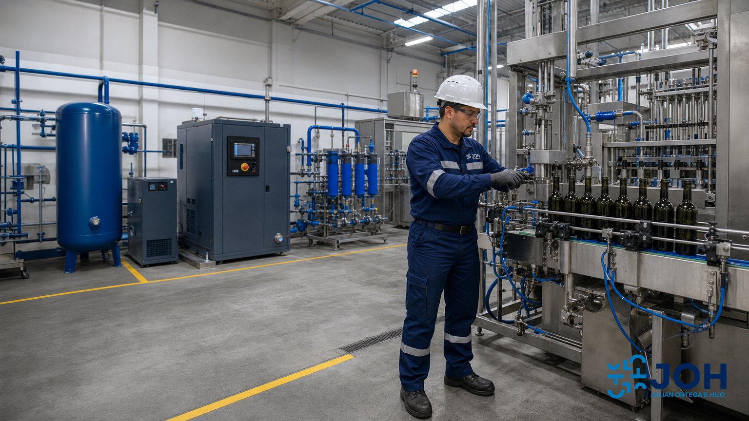 Técnico interviniendo junto a una línea de embotellado de bodega con aire comprimido