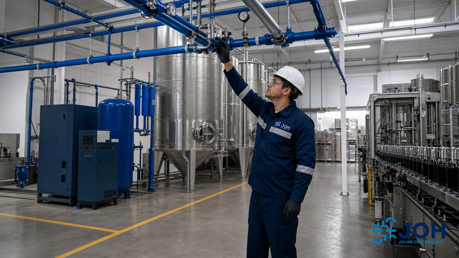 técnico revisando una red de tuberías de aire comprimido en un taller industrial