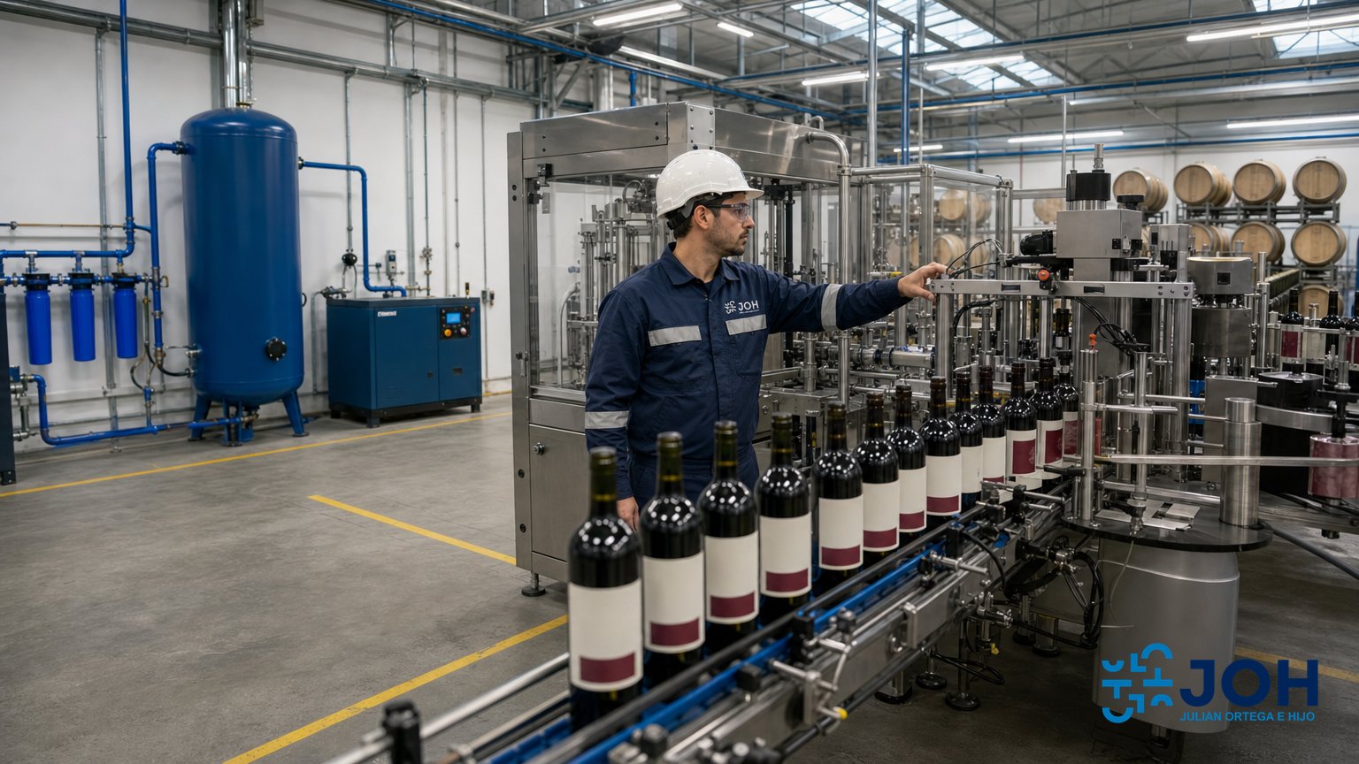 Etiquetadora automática aplicando etiquetas a botellas de vino en una bodega