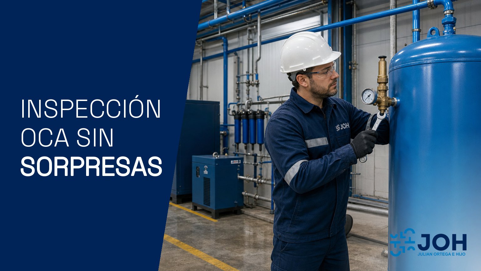 Técnico revisando la válvula de seguridad y el manómetro de un depósito de aire comprimido