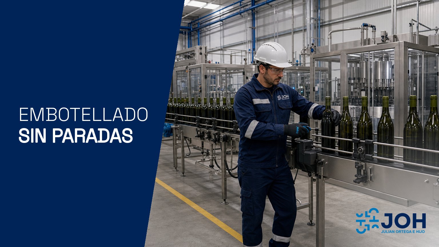 Técnico revisando una línea de embotellado de vino con botellas en la cinta