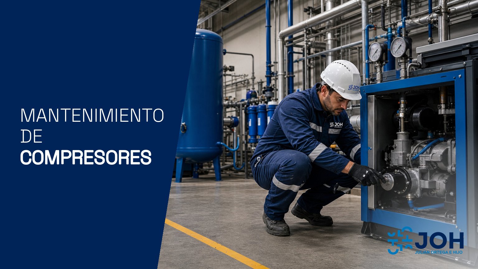 Técnico haciendo el mantenimiento de un compresor de tornillo industrial