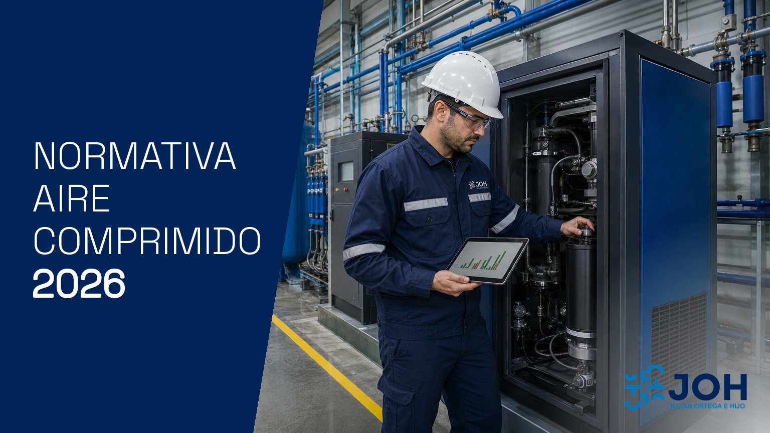 Técnico revisando el filtro de un compresor de tornillo con una tableta en la mano